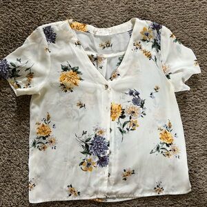 Pink Rose Floral Blouse - Cream with Yellow and Purple